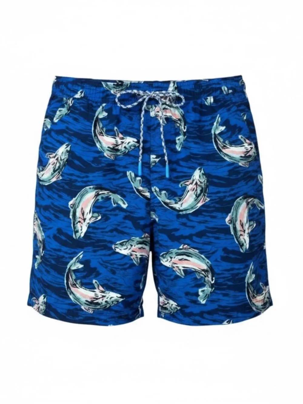 Eddie Bauer Men XL Swim Trunks Blue Fish Print Lined 8” Inseam Beach Board Short